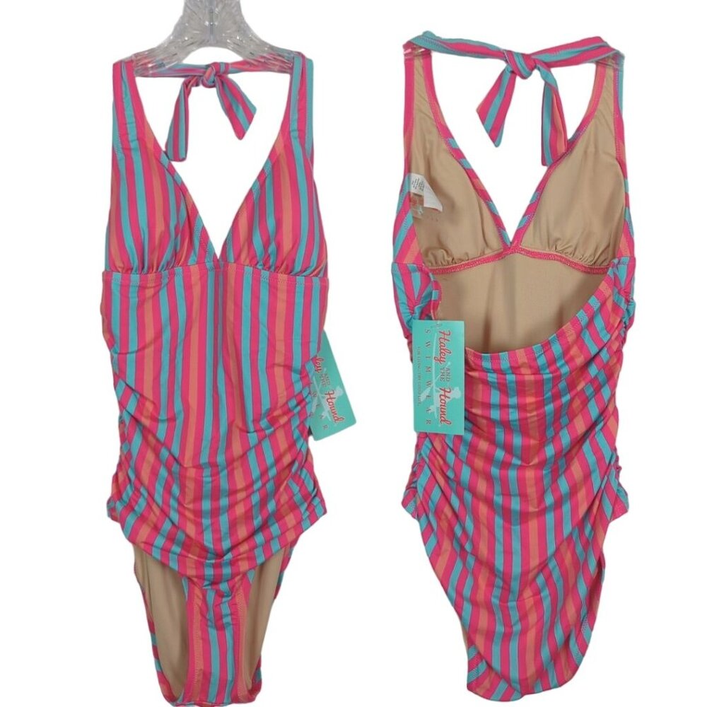 Haley and the Hound Striped One-Piece Swimsuit With Tie Back & Ruched Sides